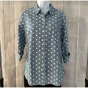 Tommy Hilfiger Women's Collar Button Up Denim Blue Polka Dots Shirt with Pocket